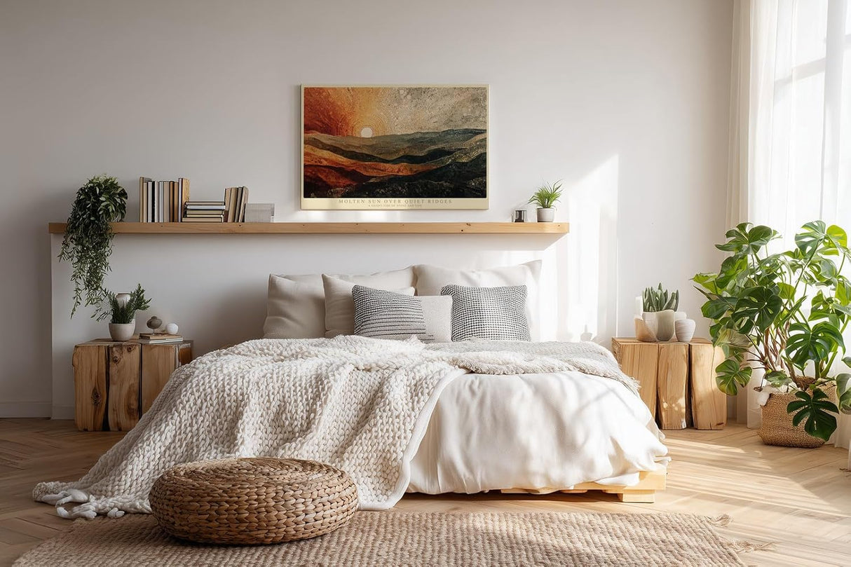 Paul Sinus Wandbild 120x80cm Abstrakte Landschaft Sonne Berge Kunstmotiv Moderne Naturkomposition mit warmen Erdtoenen