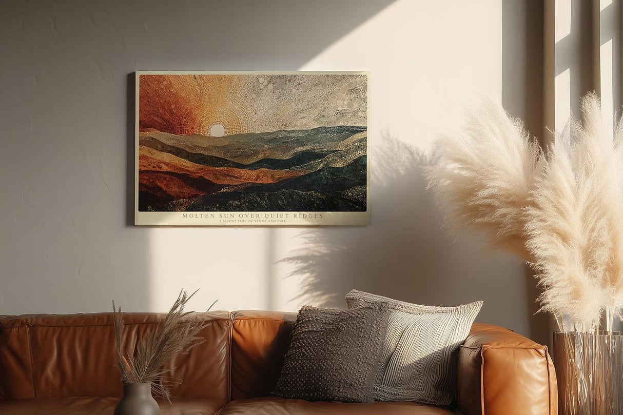 Paul Sinus Wandbild 120x80cm Abstrakte Landschaft Sonne Berge Kunstmotiv Moderne Naturkomposition mit warmen Erdtoenen