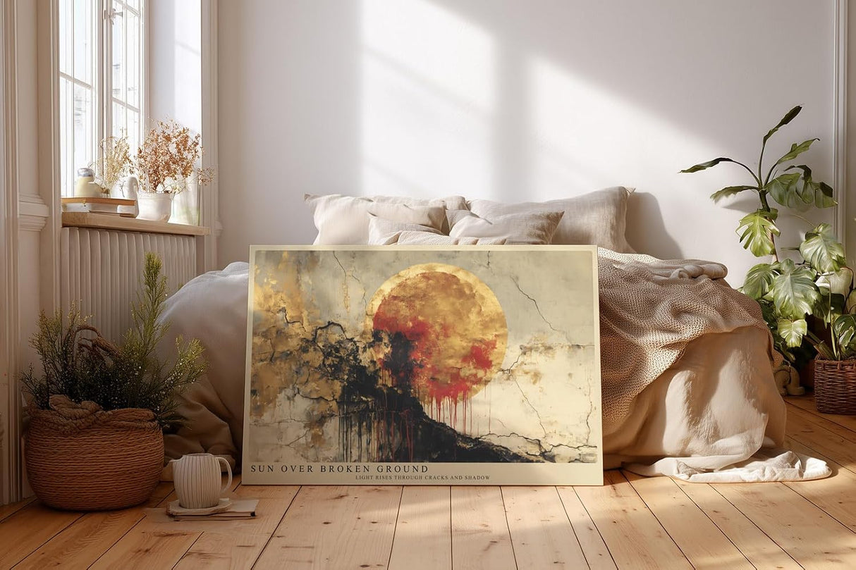 Paul Sinus Wandbild 120x80cm abstrakte Landschaft Sonne Gold Rot moderne Kunst dramatische Wanddekoration fuer Wohnzimmer Büro