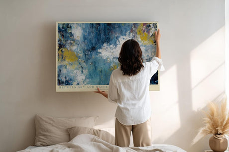Paul Sinus Wandbild 120x80cm Abstrakte Landschaft zwischen Himmel und Wasser Moderne Kunst in Blau Gold Wanddekoration