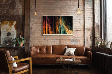 Paul Sinus Wandbild 120x80cm abstrakte Lichtlinien modern orange blau dynamische Energie Kunst grosses abstraktes Kunstbild stilvolle Wanddekoration fuer Wohnzimmer Büro