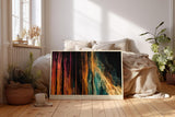 Paul Sinus Wandbild 120x80cm abstrakte Lichtlinien modern orange blau dynamische Energie Kunst grosses abstraktes Kunstbild stilvolle Wanddekoration fuer Wohnzimmer Büro