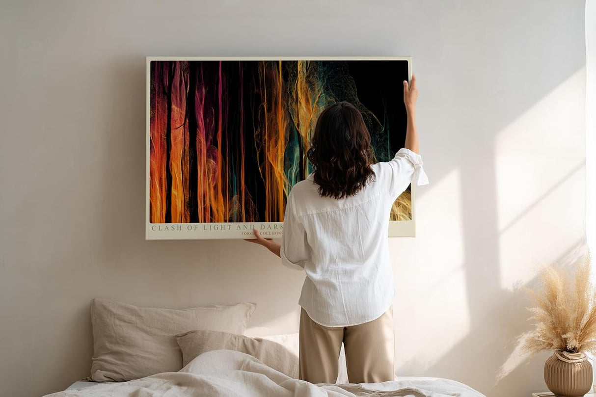 Paul Sinus Wandbild 120x80cm abstrakte Lichtlinien modern orange blau dynamische Energie Kunst grosses abstraktes Kunstbild stilvolle Wanddekoration fuer Wohnzimmer Büro