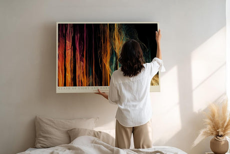 Paul Sinus Wandbild 120x80cm abstrakte Lichtlinien modern orange blau dynamische Energie Kunst grosses abstraktes Kunstbild stilvolle Wanddekoration fuer Wohnzimmer Büro