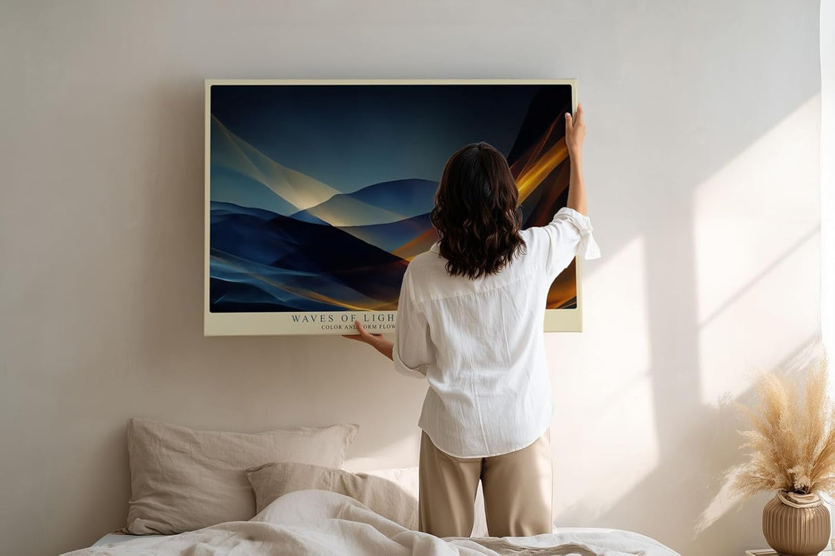 Paul Sinus Wandbild 120x80cm abstrakte Lichtwellen moderne Fluid Kunst blau gold dynamische Formen stilvolle Wanddekoration fuer Wohnzimmer Büro
