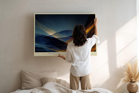 Paul Sinus Wandbild 120x80cm abstrakte Lichtwellen moderne Fluid Kunst blau gold dynamische Formen stilvolle Wanddekoration fuer Wohnzimmer Büro