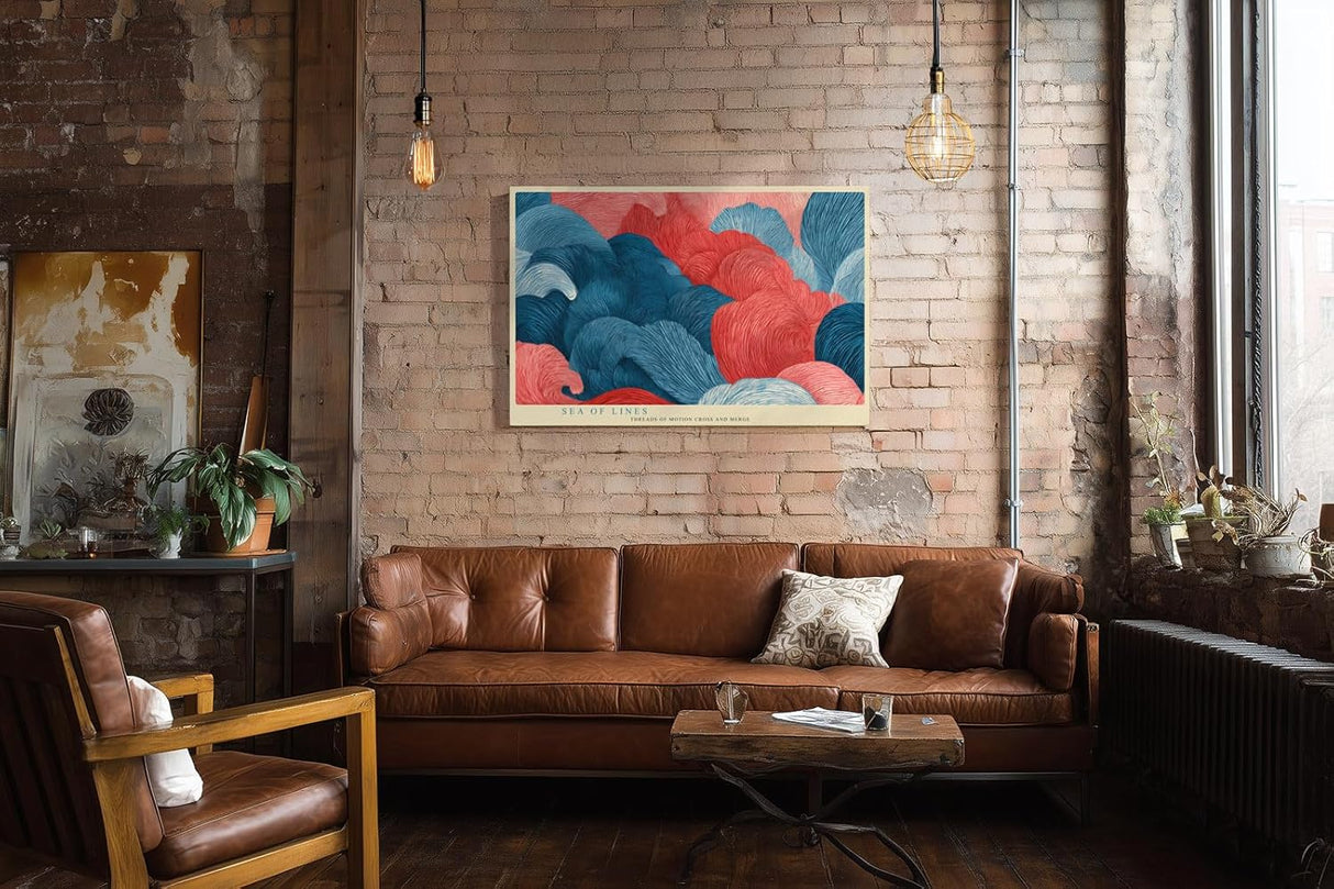Paul Sinus Wandbild 120x80cm abstrakte Linienkunst blau rot moderne Kunst organische Formen Wanddekoration fuer Wohnzimmer Büro