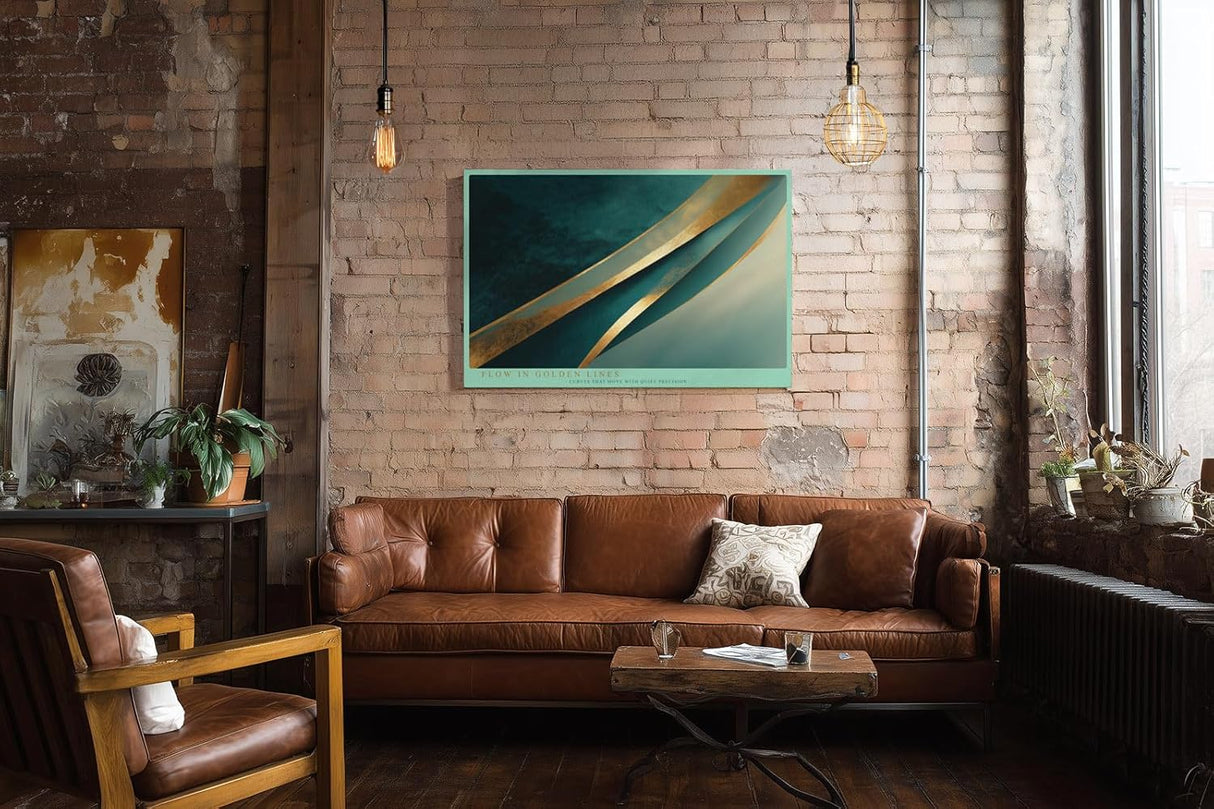 Paul Sinus Wandbild 120x80cm abstrakte Linienkunst gold tuerkis moderne Design Kunst grosses Kunstbild stilvolle Wanddekoration fuer Wohnzimmer Büro