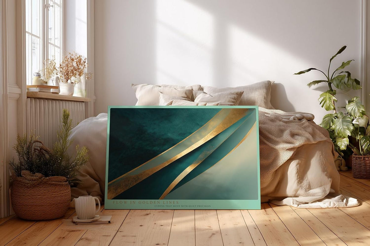 Paul Sinus Wandbild 120x80cm abstrakte Linienkunst gold tuerkis moderne Design Kunst grosses Kunstbild stilvolle Wanddekoration fuer Wohnzimmer Büro