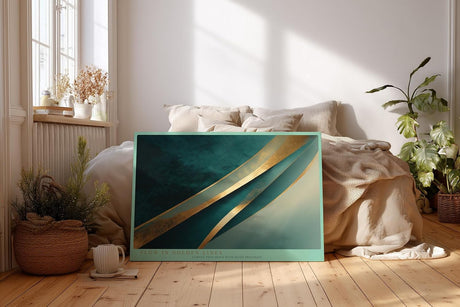 Paul Sinus Wandbild 120x80cm abstrakte Linienkunst gold tuerkis moderne Design Kunst grosses Kunstbild stilvolle Wanddekoration fuer Wohnzimmer Büro