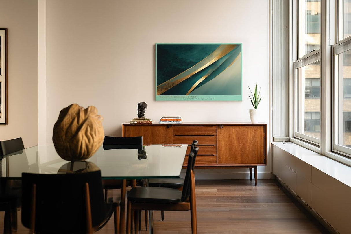 Paul Sinus Wandbild 120x80cm abstrakte Linienkunst gold tuerkis moderne Design Kunst grosses Kunstbild stilvolle Wanddekoration fuer Wohnzimmer Büro