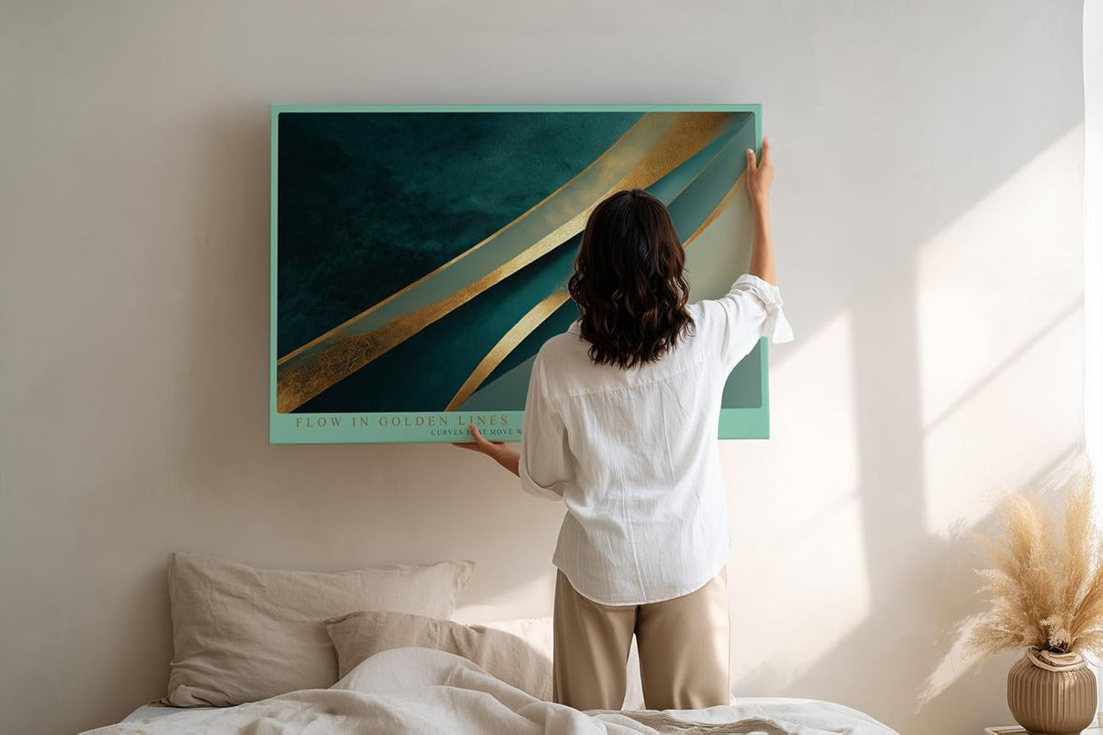 Paul Sinus Wandbild 120x80cm abstrakte Linienkunst gold tuerkis moderne Design Kunst grosses Kunstbild stilvolle Wanddekoration fuer Wohnzimmer Büro