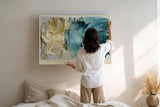 Paul Sinus Wandbild 120x80cm abstrakte Malerei modern blau beige Struktur Kunst Kunstdruck grosses Kunstbild moderne Wanddekoration fuer Wohnzimmer Büro Flur