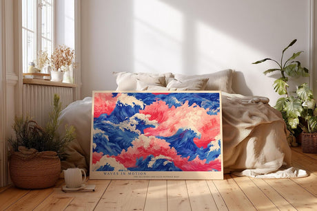 Paul Sinus Wandbild 120x80cm abstrakte Meereswellen blau pink moderne Kunst dynamische Ozean Illustration Wanddekoration fuer Wohnzimmer Büro