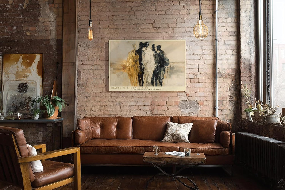 Paul Sinus Wandbild 120x80cm abstrakte Menschen Figuren modern beige schwarz gold Kunst Gemälde minimalistische Figurengruppe stilvolle Wanddekoration für Wohnzimmer Büro Flur