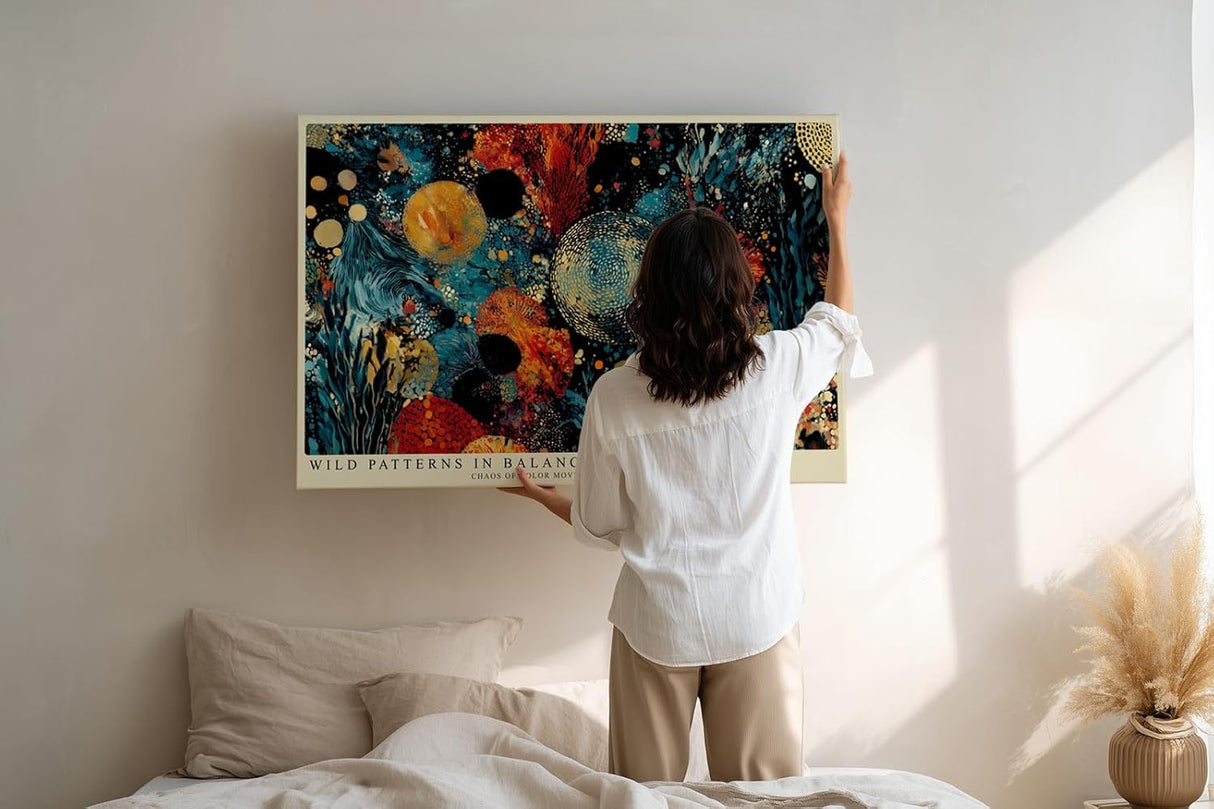 Paul Sinus Wandbild 120x80cm Abstrakte Naturformen Moderne Kunst in Blau Orange und Gold Dynamische Abstraktion fuer Wohnzimmer Büro und Kreativraeume