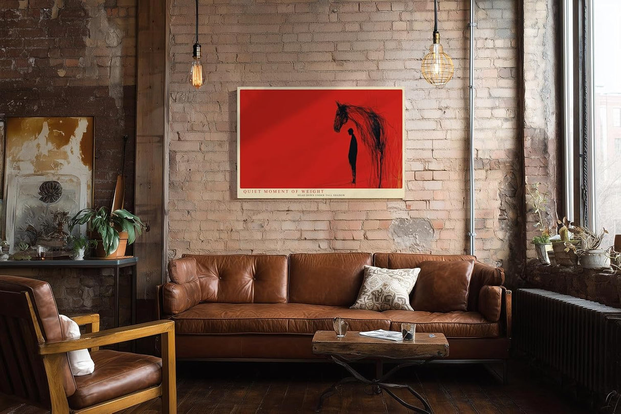 Paul Sinus Wandbild 120x80cm abstrakte Pferd und Mensch Illustration rotes Kunstposter moderne symbolische Kunst Wanddekoration fuer Wohnzimmer Büro Atelier