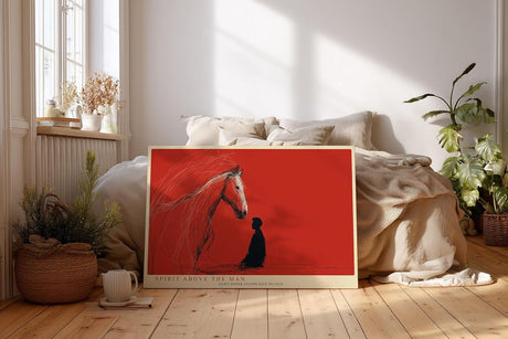 Paul Sinus Wandbild 120x80cm abstrakte Pferd und Mensch Illustration rotes modernes Kunstposter emotionale Linienkunst starke Wanddekoration fuer Wohnzimmer Büro Atelier