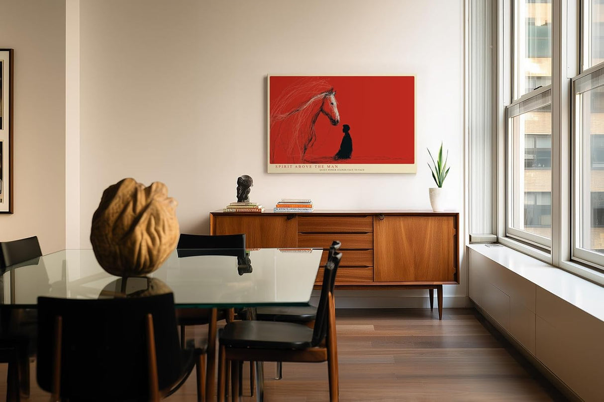Paul Sinus Wandbild 120x80cm abstrakte Pferd und Mensch Illustration rotes modernes Kunstposter emotionale Linienkunst starke Wanddekoration fuer Wohnzimmer Büro Atelier