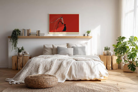 Paul Sinus Wandbild 120x80cm abstrakte Pferd und Mensch Illustration rotes modernes Kunstposter emotionale Linienkunst starke Wanddekoration fuer Wohnzimmer Büro Atelier
