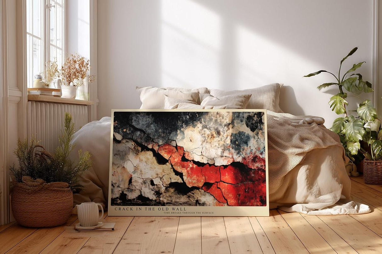 Paul Sinus Wandbild 120x80cm Abstrakte Rissstruktur in alter Wand – Dramatische Texturkunst mit roten Akzenten für modernes Wohnen