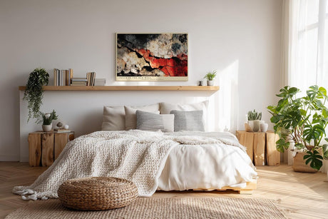 Paul Sinus Wandbild 120x80cm Abstrakte Rissstruktur in alter Wand – Dramatische Texturkunst mit roten Akzenten für modernes Wohnen