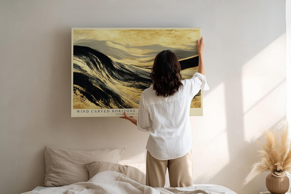 Paul Sinus Wandbild 120x80cm abstrakte Sandduenen gold schwarz moderne Landschaftskunst Kunstdruck grosses Wandbild 120x80cm elegante Natur Wanddekoration fuer Wohnzimmer Büro
