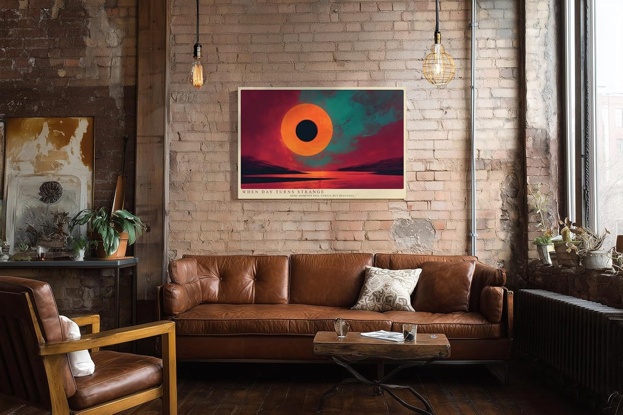 Paul Sinus Wandbild 120x80cm abstrakte Sonnenfinsternis surreale Landschaft moderne Kunst in Rot Orange und Tuerkis stilvolle Wanddekoration fuer Wohnzimmer Büro