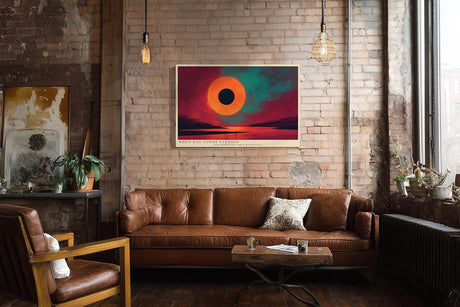 Paul Sinus Wandbild 120x80cm abstrakte Sonnenfinsternis surreale Landschaft moderne Kunst in Rot Orange und Tuerkis stilvolle Wanddekoration fuer Wohnzimmer Büro