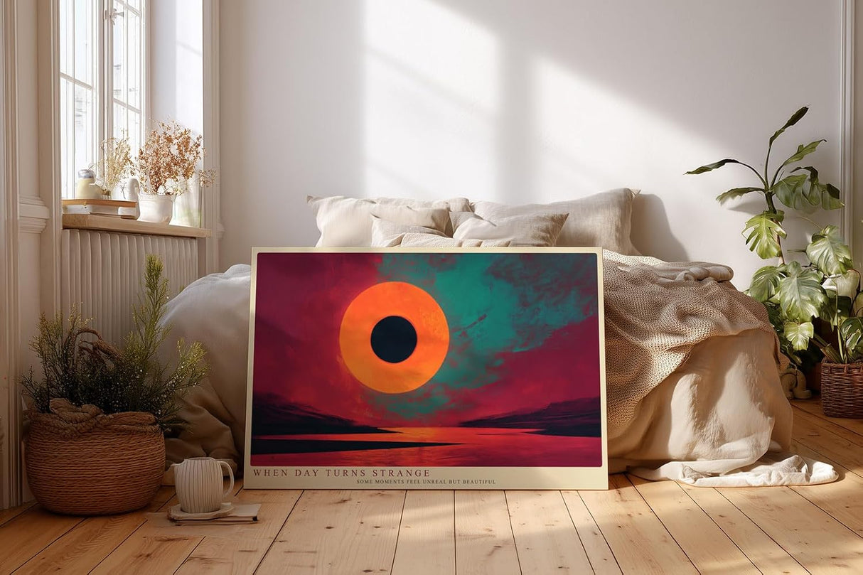 Paul Sinus Wandbild 120x80cm abstrakte Sonnenfinsternis surreale Landschaft moderne Kunst in Rot Orange und Tuerkis stilvolle Wanddekoration fuer Wohnzimmer Büro
