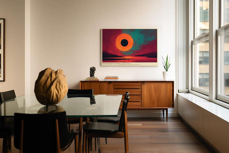 Paul Sinus Wandbild 120x80cm abstrakte Sonnenfinsternis surreale Landschaft moderne Kunst in Rot Orange und Tuerkis stilvolle Wanddekoration fuer Wohnzimmer Büro