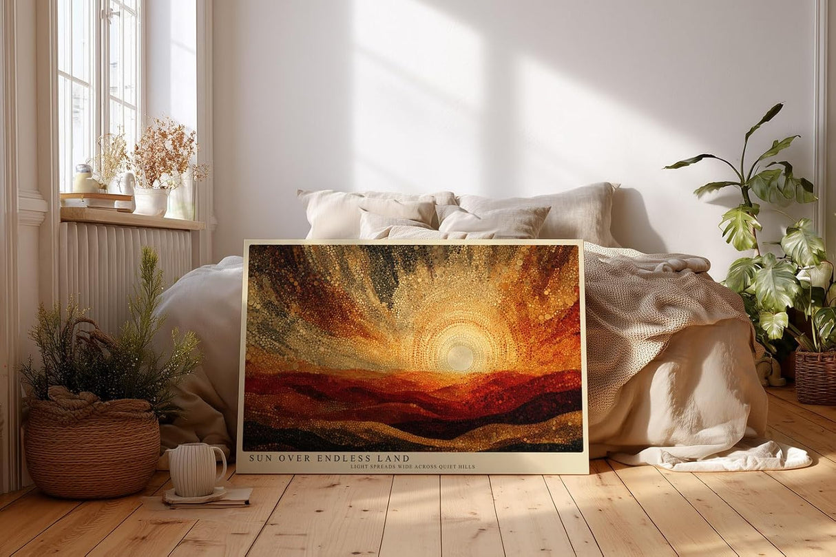Paul Sinus Wandbild 120x80cm Abstrakte Sonnenlandschaft Kunst in Gold Orange und Rot Modernes Natur Design für Wohnzimmer Büro und Galerie