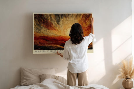 Paul Sinus Wandbild 120x80cm Abstrakte Sonnenlandschaft Kunst in Gold Orange und Rot Modernes Natur Design für Wohnzimmer Büro und Galerie