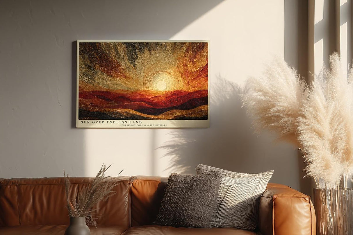 Paul Sinus Wandbild 120x80cm Abstrakte Sonnenlandschaft Kunst in Gold Orange und Rot Modernes Natur Design für Wohnzimmer Büro und Galerie