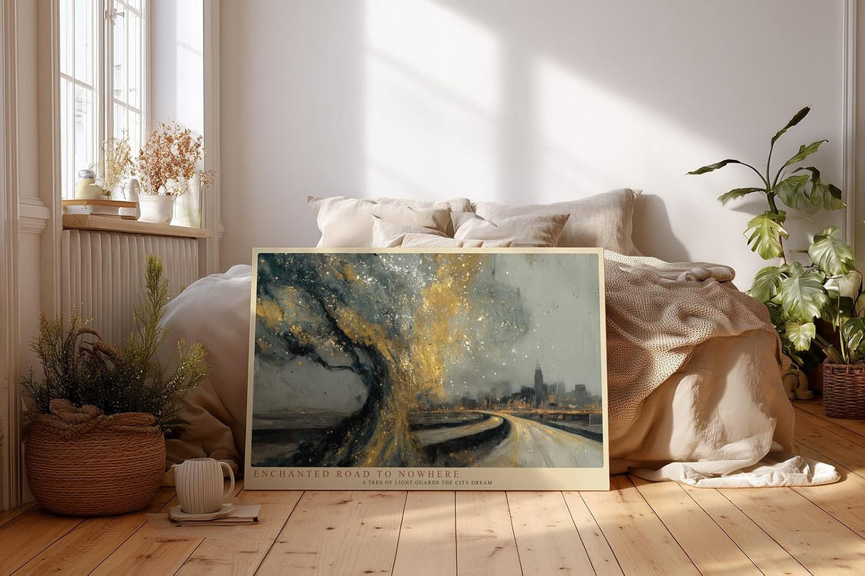 Paul Sinus Wandbild 120x80cm abstrakte Stadt Landschaft Baum gold grau moderne Kunst Kunstdruck grosses Kunstbild elegante Wanddekoration fuer Wohnzimmer Büro Flur