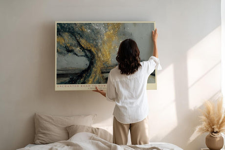 Paul Sinus Wandbild 120x80cm abstrakte Stadt Landschaft Baum gold grau moderne Kunst Kunstdruck grosses Kunstbild elegante Wanddekoration fuer Wohnzimmer Büro Flur