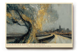 Paul Sinus Wandbild 120x80cm abstrakte Stadt Landschaft Baum gold grau moderne Kunst Kunstdruck grosses Kunstbild elegante Wanddekoration fuer Wohnzimmer Büro Flur