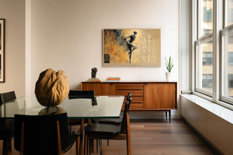 Paul Sinus Wandbild 120x80cm Abstrakte Taenzerin in Bewegung Kunstvolle Figur Collage in Beige Gold Moderne Wanddekoration