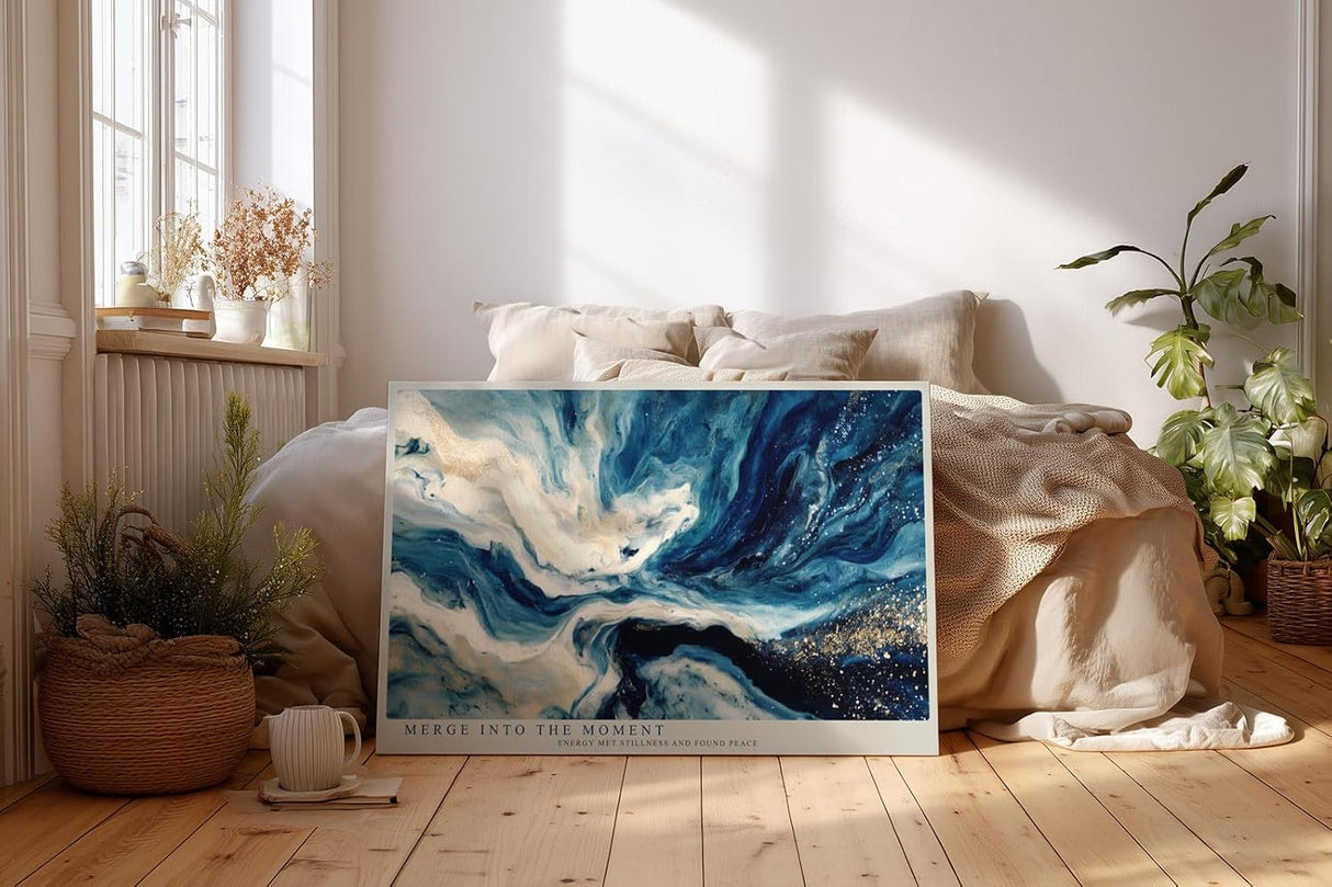 Paul Sinus Wandbild 120x80cm Abstrakte Wasserbewegung in Blau Weiss und Gold Moderne Kunst Wanddekoration Wohnzimmer