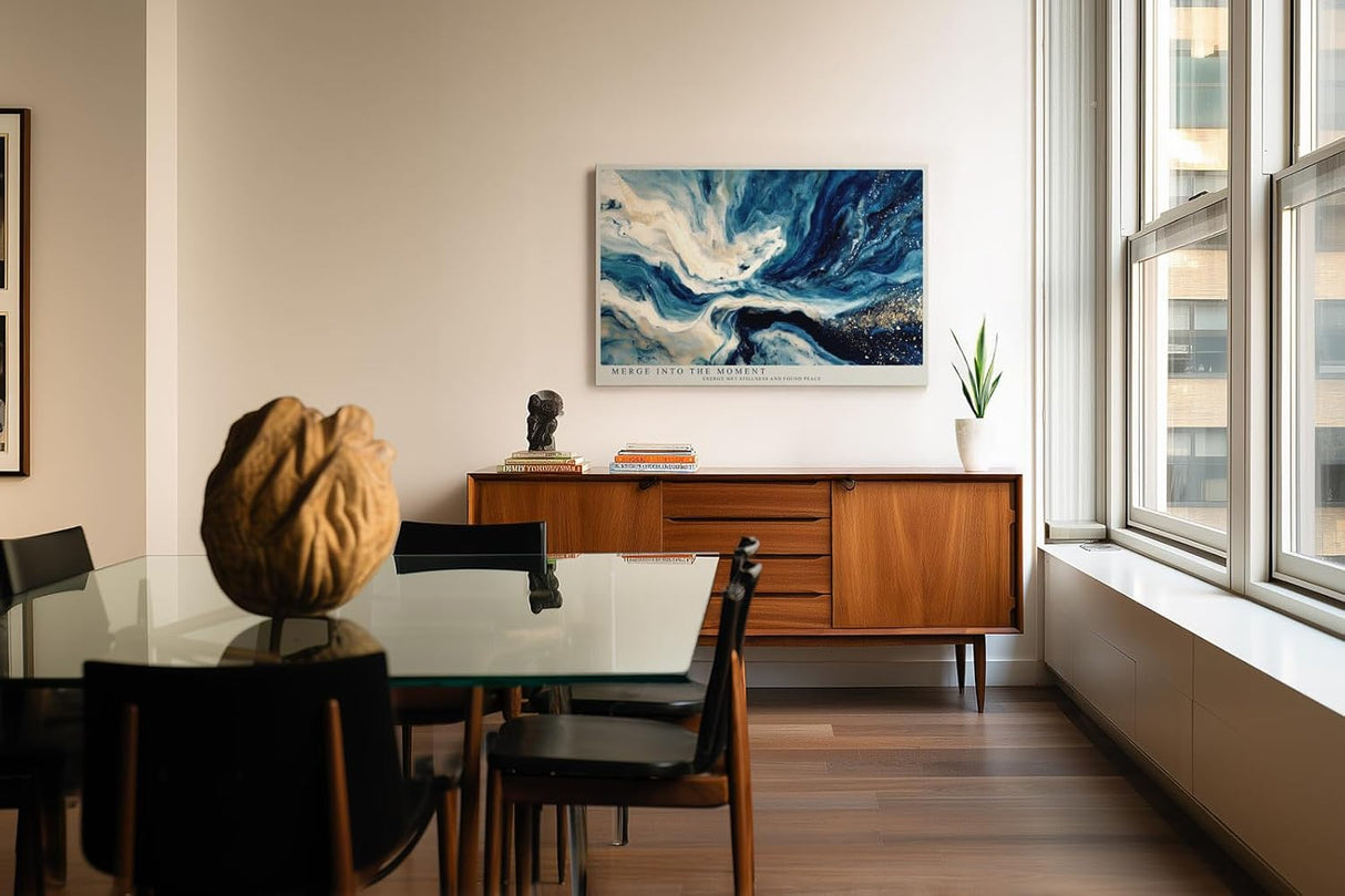 Paul Sinus Wandbild 120x80cm Abstrakte Wasserbewegung in Blau Weiss und Gold Moderne Kunst Wanddekoration Wohnzimmer