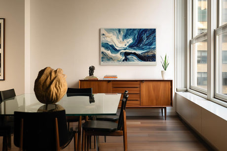 Paul Sinus Wandbild 120x80cm Abstrakte Wasserbewegung in Blau Weiss und Gold Moderne Kunst Wanddekoration Wohnzimmer