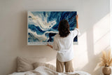 Paul Sinus Wandbild 120x80cm Abstrakte Wasserbewegung in Blau Weiss und Gold Moderne Kunst Wanddekoration Wohnzimmer