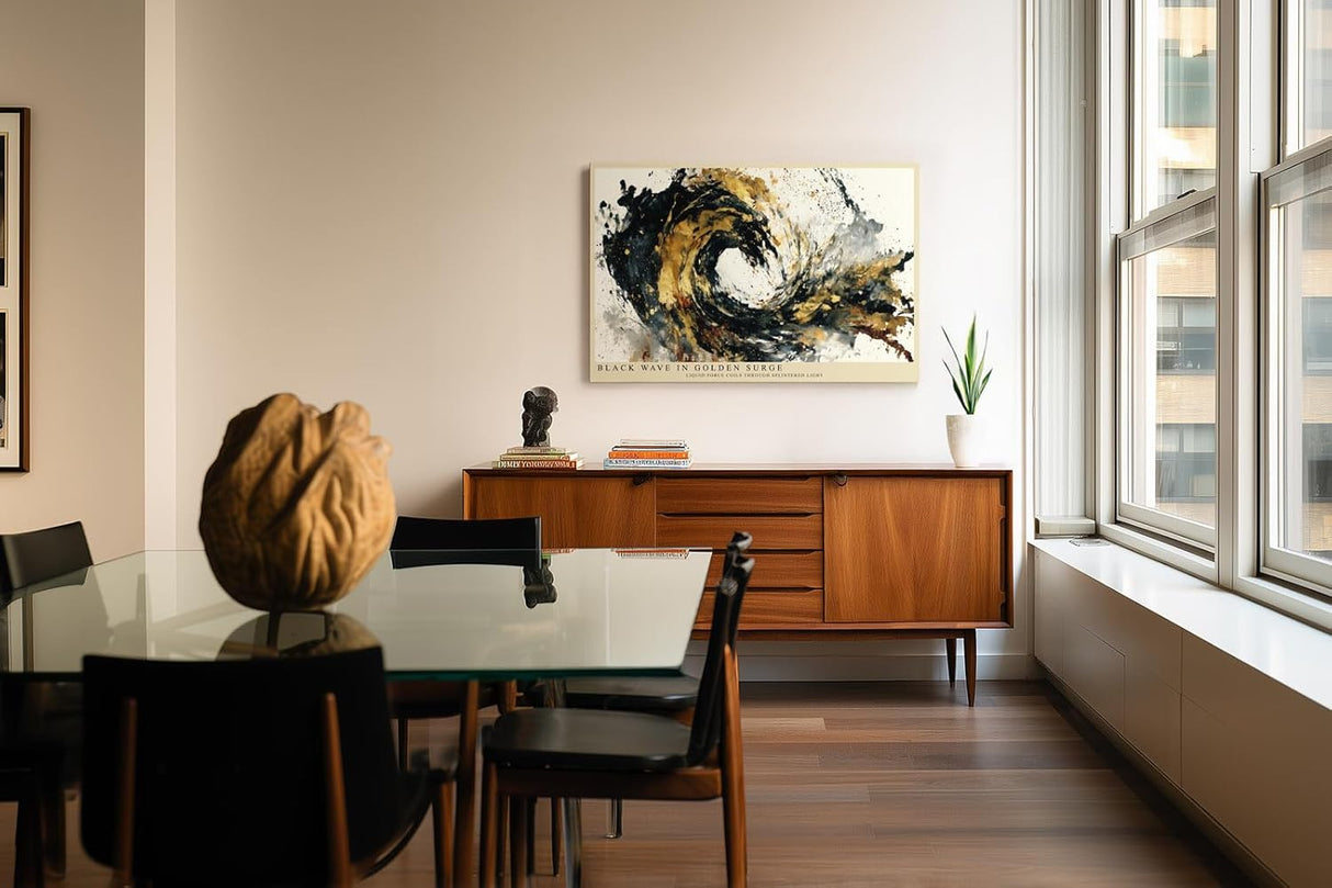 Paul Sinus Wandbild 120x80cm Abstrakte Welle Gold Schwarz moderne Kunst Wanddekoration Wohnzimmer Büro Schlafzimmer