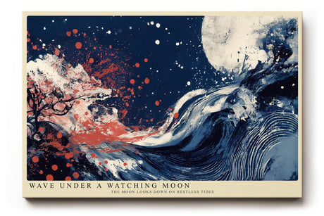 Paul Sinus Wandbild 120x80cm Abstrakte Welle unter Mond Japanisch inspirierte Meereskunst in Blau Rot fuer Wohnzimmer Schlafzimmer und Büro