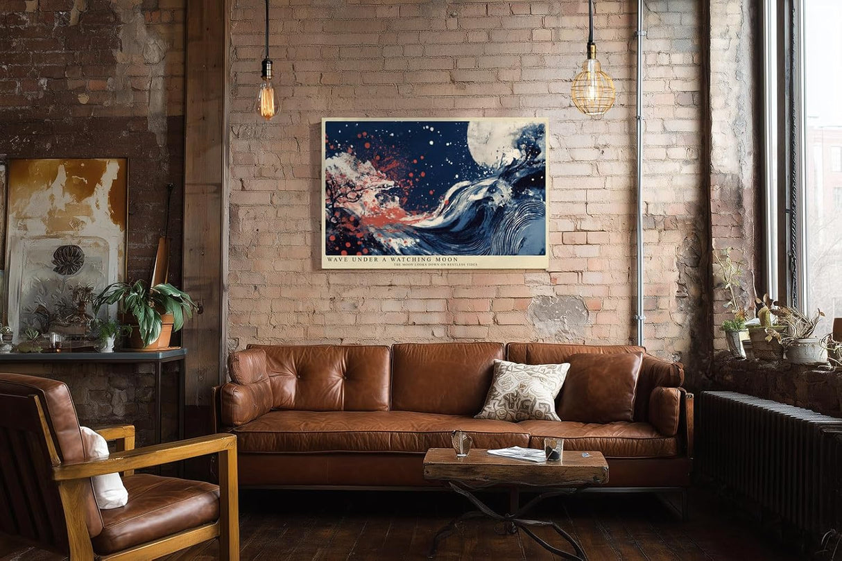 Paul Sinus Wandbild 120x80cm Abstrakte Welle unter Mond Japanisch inspirierte Meereskunst in Blau Rot fuer Wohnzimmer Schlafzimmer und Büro