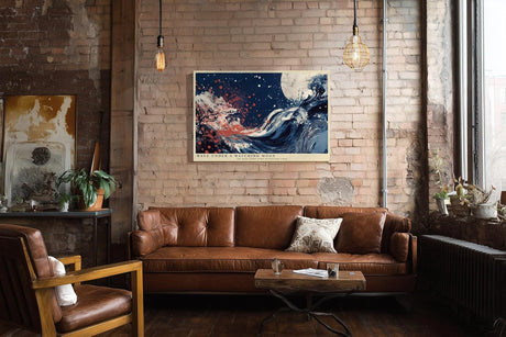 Paul Sinus Wandbild 120x80cm Abstrakte Welle unter Mond Japanisch inspirierte Meereskunst in Blau Rot fuer Wohnzimmer Schlafzimmer und Büro