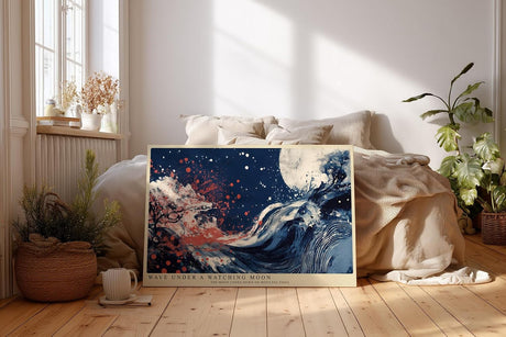 Paul Sinus Wandbild 120x80cm Abstrakte Welle unter Mond Japanisch inspirierte Meereskunst in Blau Rot fuer Wohnzimmer Schlafzimmer und Büro