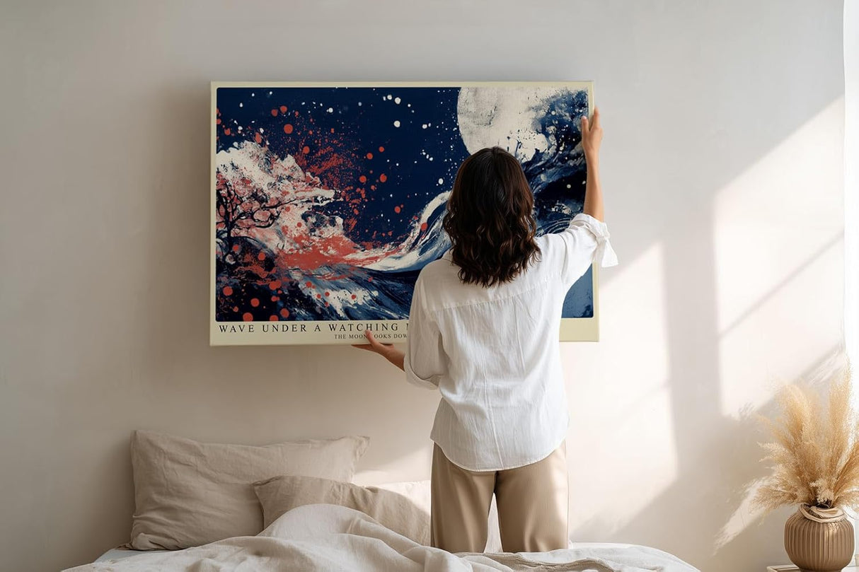 Paul Sinus Wandbild 120x80cm Abstrakte Welle unter Mond Japanisch inspirierte Meereskunst in Blau Rot fuer Wohnzimmer Schlafzimmer und Büro
