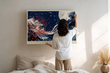 Paul Sinus Wandbild 120x80cm Abstrakte Welle unter Mond Japanisch inspirierte Meereskunst in Blau Rot fuer Wohnzimmer Schlafzimmer und Büro