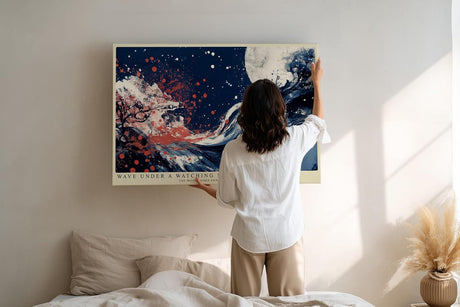Paul Sinus Wandbild 120x80cm Abstrakte Welle unter Mond Japanisch inspirierte Meereskunst in Blau Rot fuer Wohnzimmer Schlafzimmer und Büro